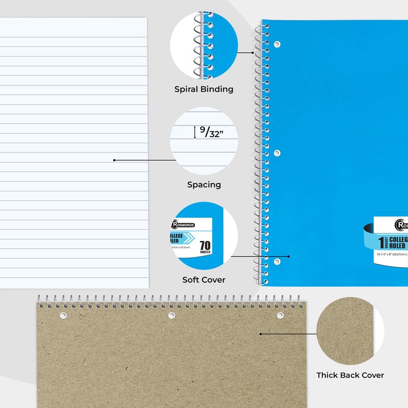 Rosmonde 1 Subject Notebook College Ruled, 6 Pack, 70 Sheets (140 Pages), 8 x 10-1/2"", 3 Hole Punched Notebooks, Thick No-Bleed Paper, Sturdy Back, College Ruled Notebook for School, Assorted Colors - Image 5
